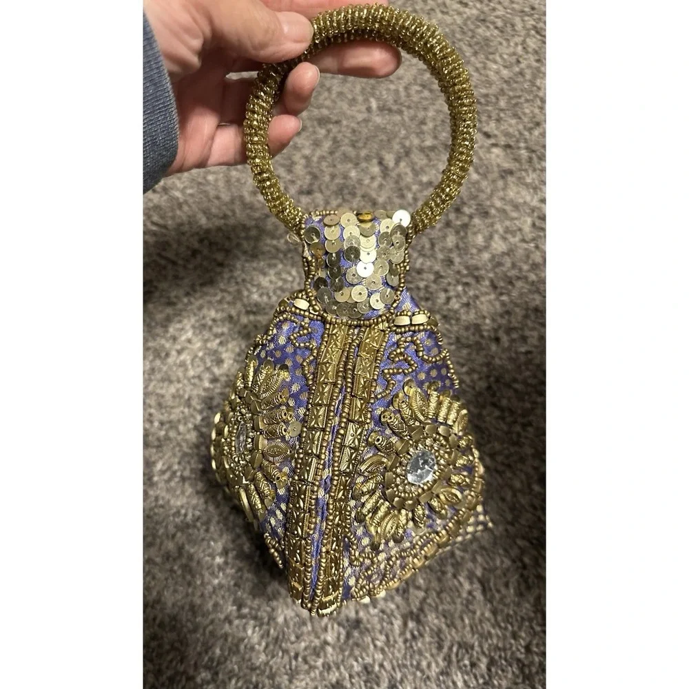 Fortune Cookie Bag Purse Wristlet Blue/Purple w/ Gold color Beads w/ Embroidery